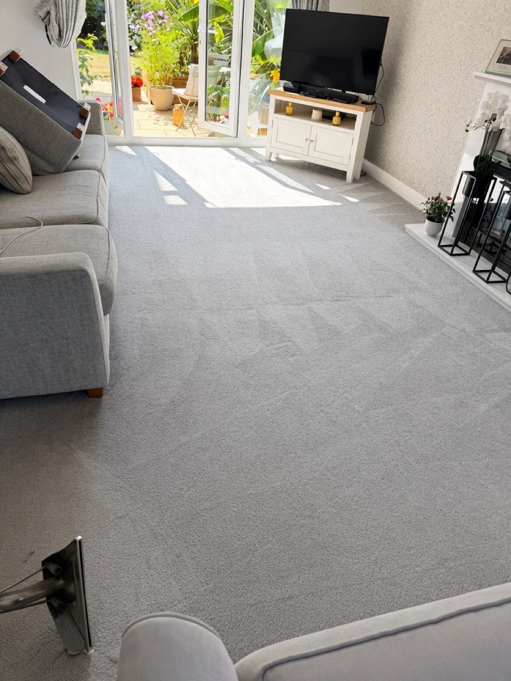 EcoSteam technician steam-cleaning a living room carpet